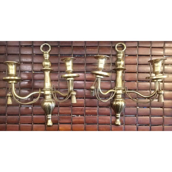 Pair of Brass 2 Candle Sconce Candleholder Set Ornate w/ Tassels 12"x9.5"x4" - Picture 1 of 4